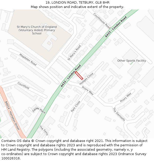 19, LONDON ROAD, TETBURY, GL8 8HR: Location map and indicative extent of plot