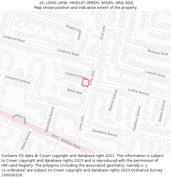 19, LONG LANE, HINDLEY GREEN, WIGAN, WN2 4QQ: Location map and indicative extent of plot