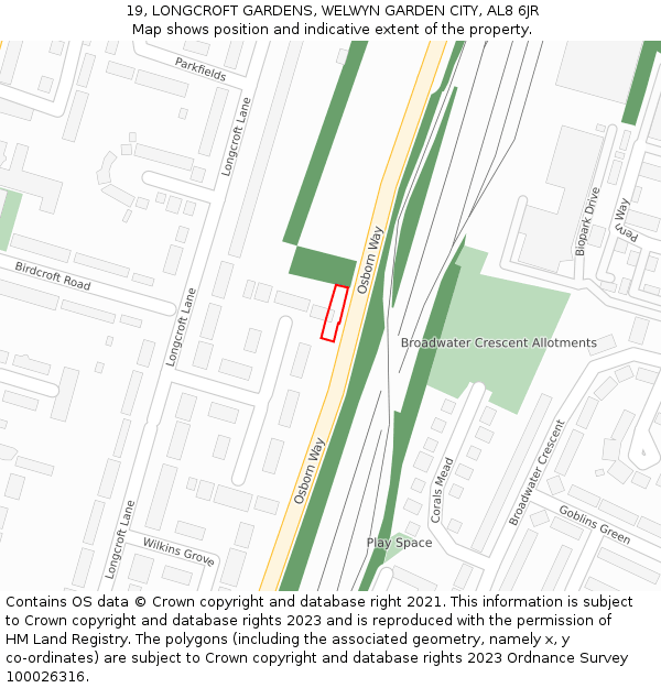 19, LONGCROFT GARDENS, WELWYN GARDEN CITY, AL8 6JR: Location map and indicative extent of plot