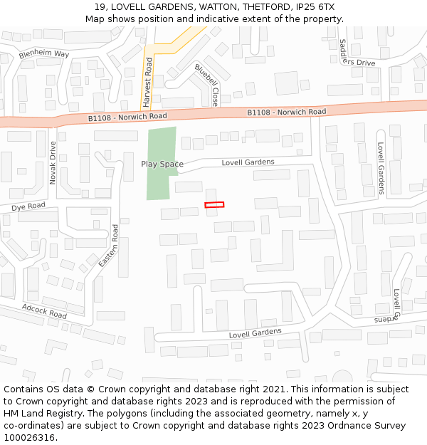 19, LOVELL GARDENS, WATTON, THETFORD, IP25 6TX: Location map and indicative extent of plot