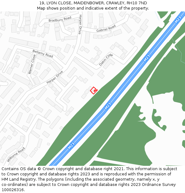 19, LYON CLOSE, MAIDENBOWER, CRAWLEY, RH10 7ND: Location map and indicative extent of plot