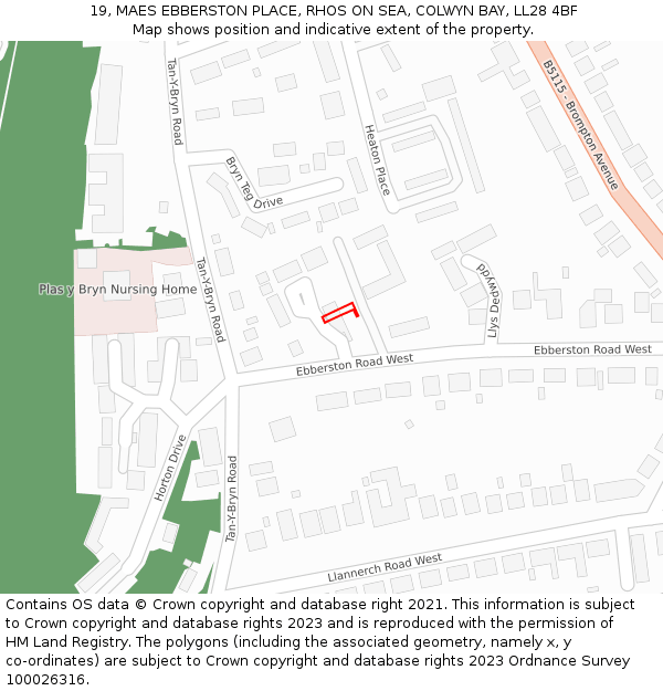 19, MAES EBBERSTON PLACE, RHOS ON SEA, COLWYN BAY, LL28 4BF: Location map and indicative extent of plot