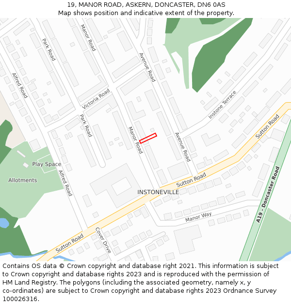 19, MANOR ROAD, ASKERN, DONCASTER, DN6 0AS: Location map and indicative extent of plot