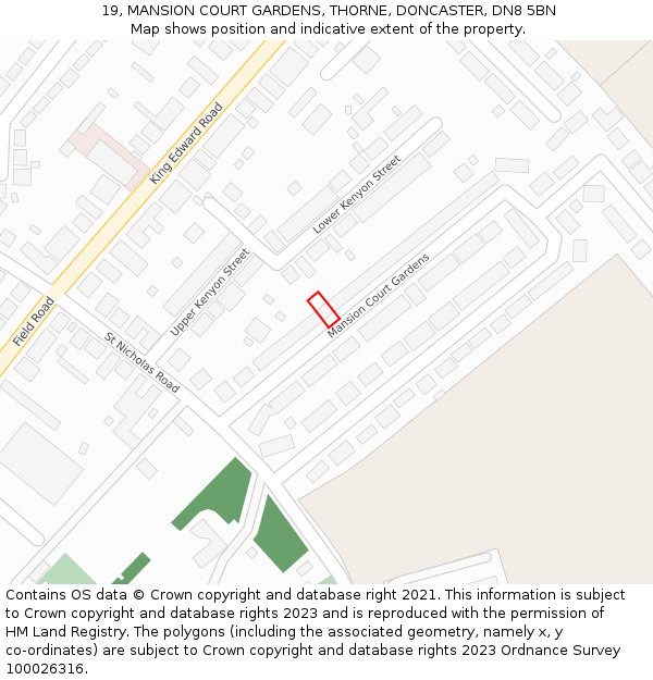 19, MANSION COURT GARDENS, THORNE, DONCASTER, DN8 5BN: Location map and indicative extent of plot