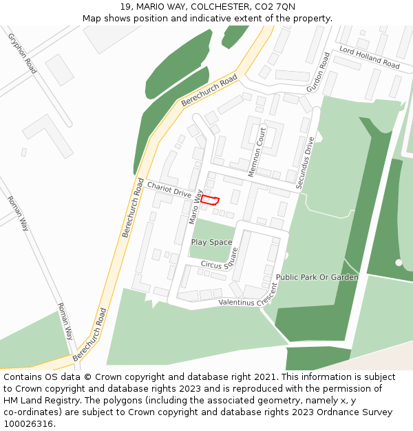 19, MARIO WAY, COLCHESTER, CO2 7QN: Location map and indicative extent of plot