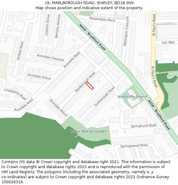 19, MARLBOROUGH ROAD, SHIPLEY, BD18 3NX: Location map and indicative extent of plot