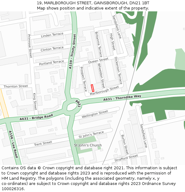 19, MARLBOROUGH STREET, GAINSBOROUGH, DN21 1BT: Location map and indicative extent of plot