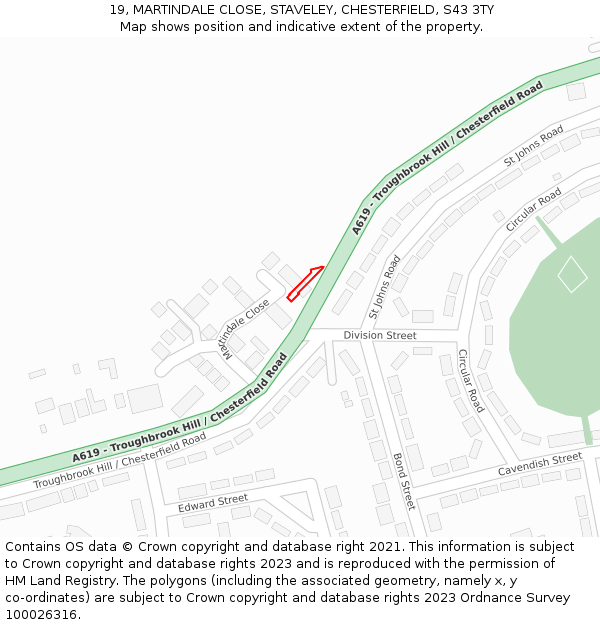 19, MARTINDALE CLOSE, STAVELEY, CHESTERFIELD, S43 3TY: Location map and indicative extent of plot