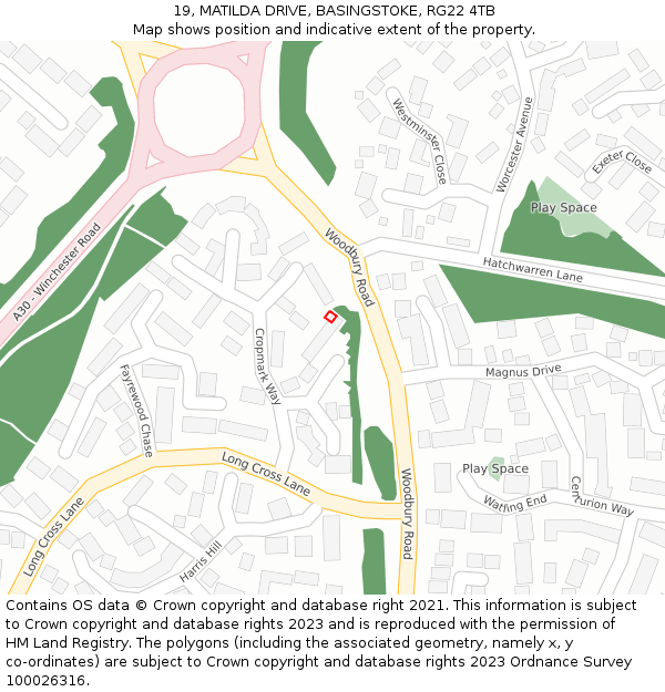 19, MATILDA DRIVE, BASINGSTOKE, RG22 4TB: Location map and indicative extent of plot