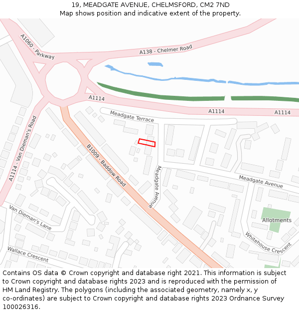 19, MEADGATE AVENUE, CHELMSFORD, CM2 7ND: Location map and indicative extent of plot