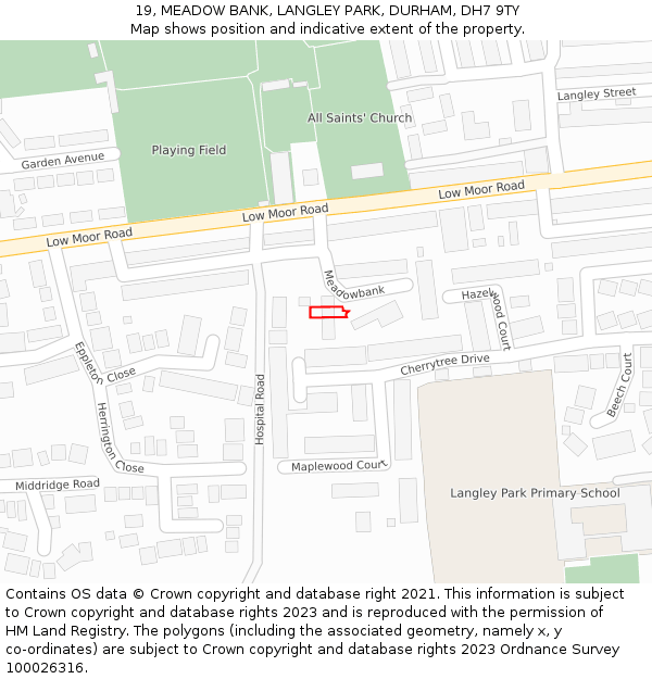 19, MEADOW BANK, LANGLEY PARK, DURHAM, DH7 9TY: Location map and indicative extent of plot