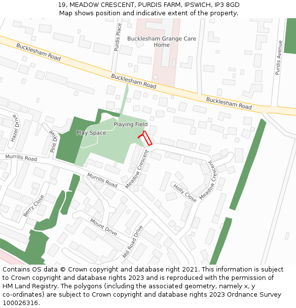 19, MEADOW CRESCENT, PURDIS FARM, IPSWICH, IP3 8GD: Location map and indicative extent of plot