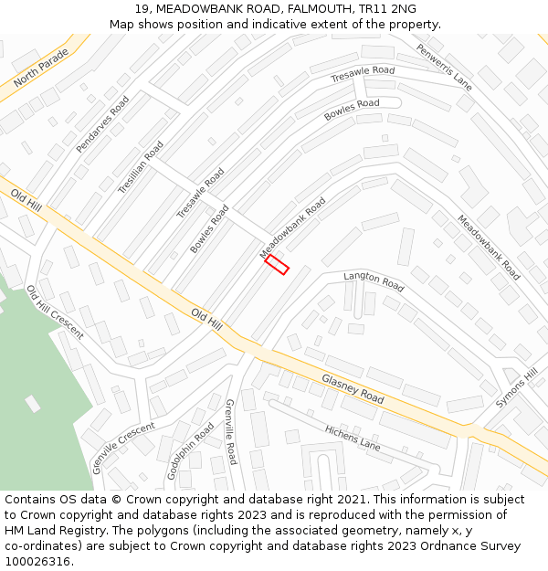 19, MEADOWBANK ROAD, FALMOUTH, TR11 2NG: Location map and indicative extent of plot