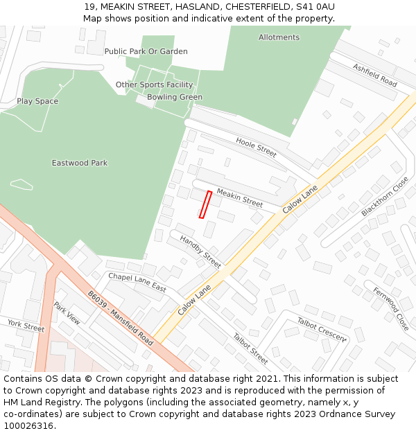 19, MEAKIN STREET, HASLAND, CHESTERFIELD, S41 0AU: Location map and indicative extent of plot