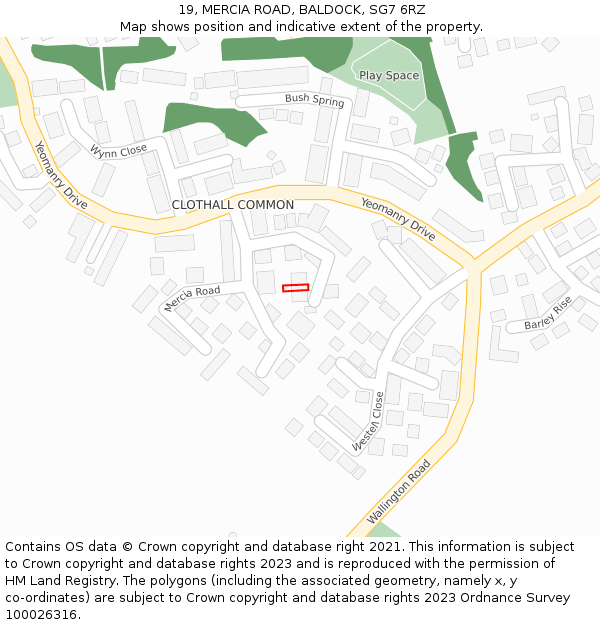 19, MERCIA ROAD, BALDOCK, SG7 6RZ: Location map and indicative extent of plot