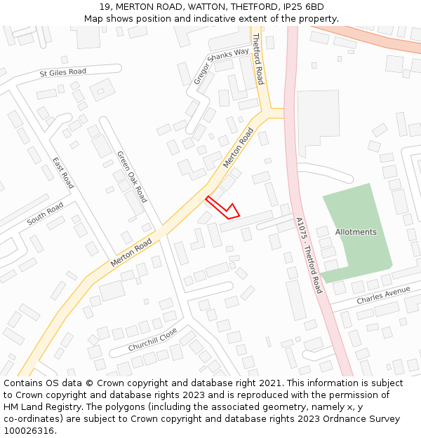 19, MERTON ROAD, WATTON, THETFORD, IP25 6BD: Location map and indicative extent of plot