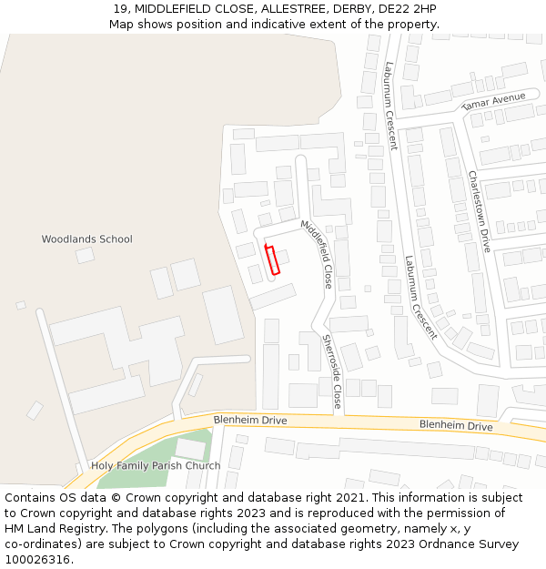19, MIDDLEFIELD CLOSE, ALLESTREE, DERBY, DE22 2HP: Location map and indicative extent of plot