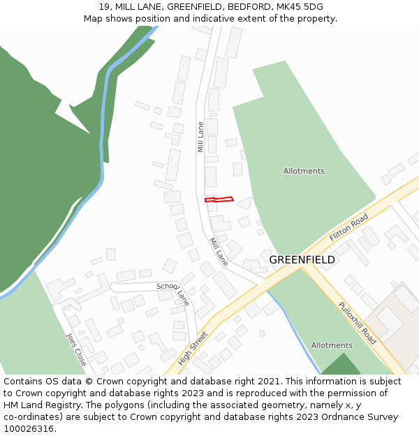 19, MILL LANE, GREENFIELD, BEDFORD, MK45 5DG: Location map and indicative extent of plot
