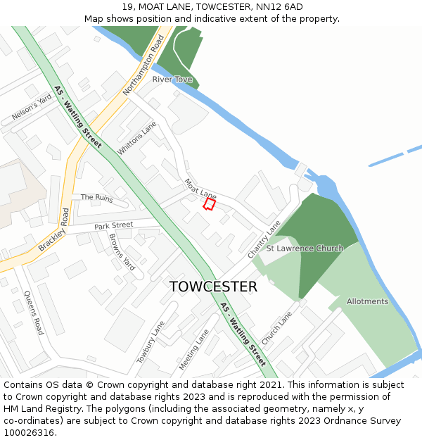19, MOAT LANE, TOWCESTER, NN12 6AD: Location map and indicative extent of plot