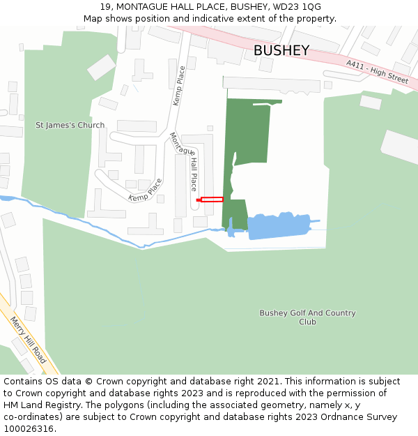19, MONTAGUE HALL PLACE, BUSHEY, WD23 1QG: Location map and indicative extent of plot