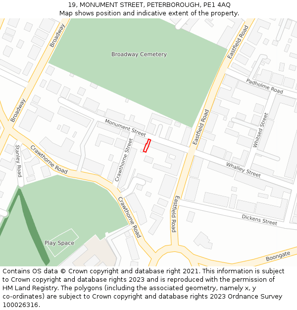 19, MONUMENT STREET, PETERBOROUGH, PE1 4AQ: Location map and indicative extent of plot