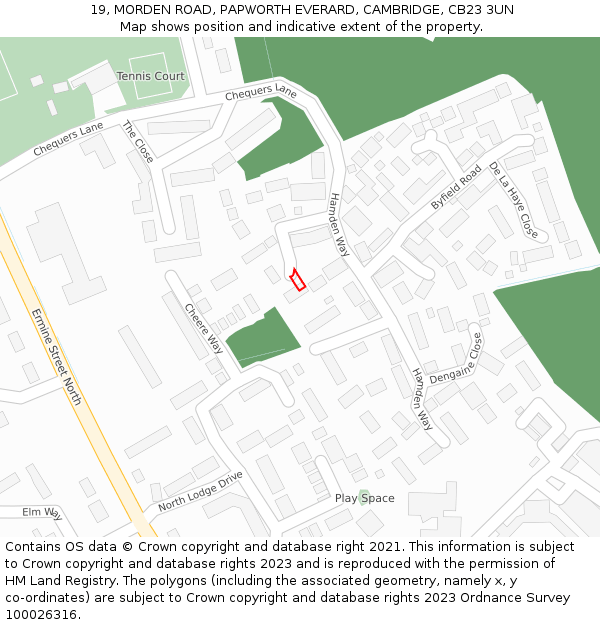 19, MORDEN ROAD, PAPWORTH EVERARD, CAMBRIDGE, CB23 3UN: Location map and indicative extent of plot