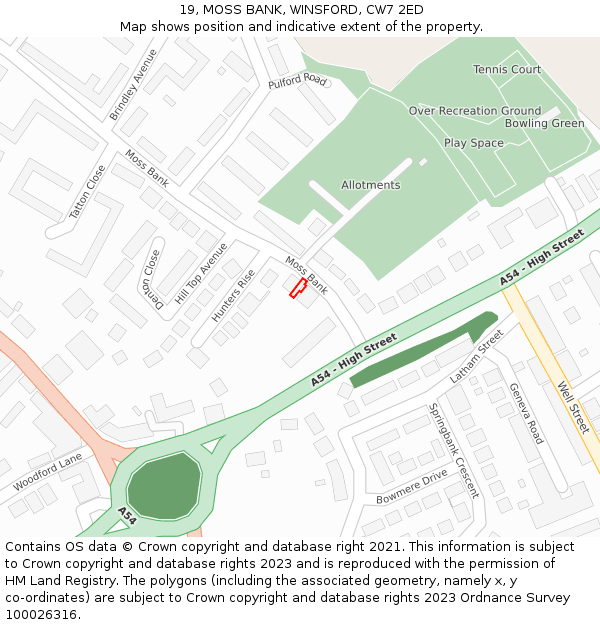 19, MOSS BANK, WINSFORD, CW7 2ED: Location map and indicative extent of plot