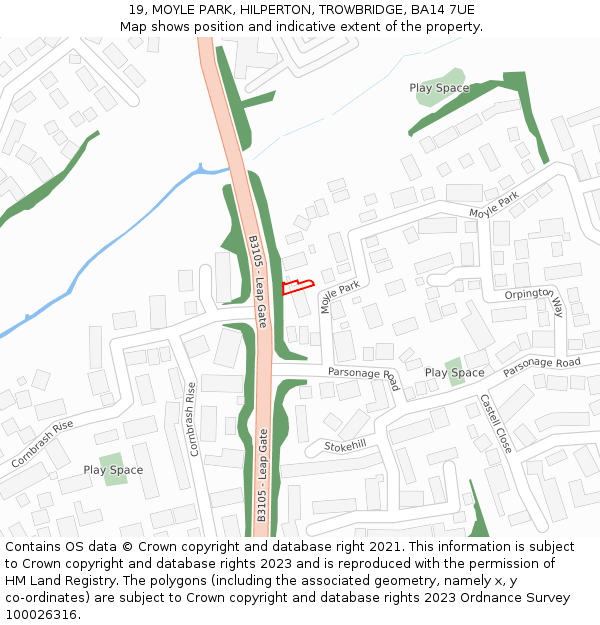 19, MOYLE PARK, HILPERTON, TROWBRIDGE, BA14 7UE: Location map and indicative extent of plot