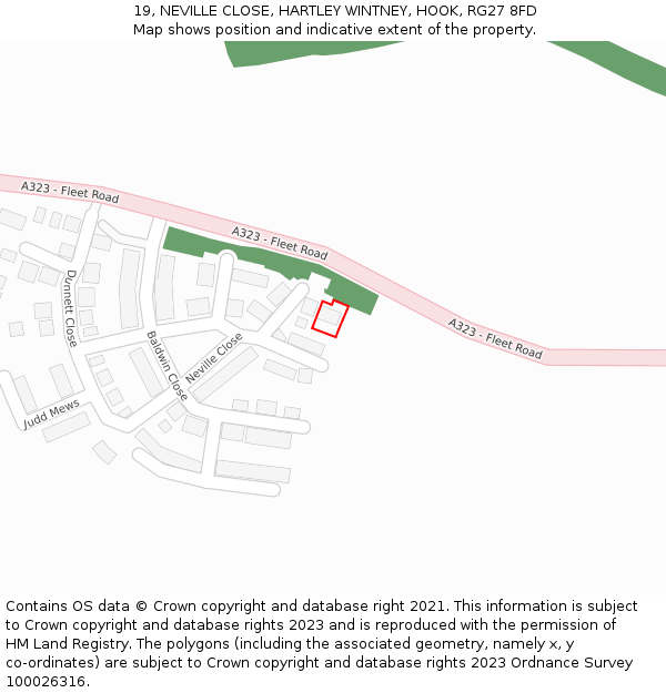 19, NEVILLE CLOSE, HARTLEY WINTNEY, HOOK, RG27 8FD: Location map and indicative extent of plot