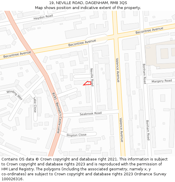 19, NEVILLE ROAD, DAGENHAM, RM8 3QS: Location map and indicative extent of plot