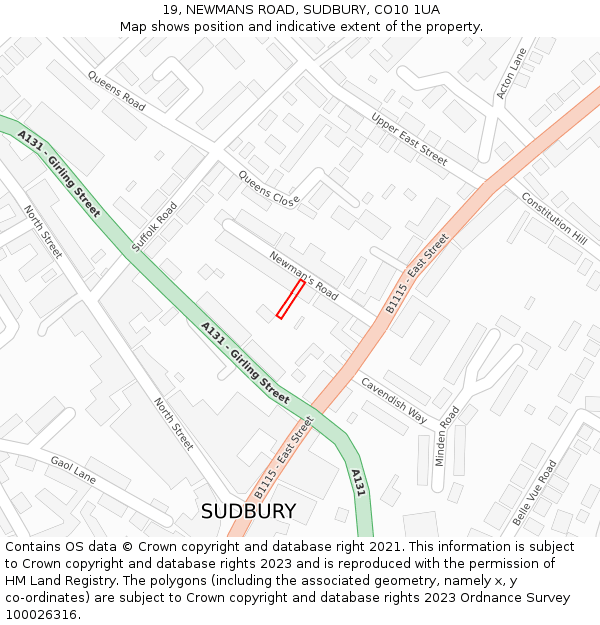 19, NEWMANS ROAD, SUDBURY, CO10 1UA: Location map and indicative extent of plot