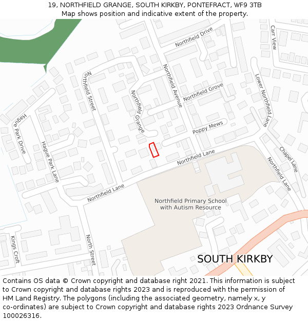 19, NORTHFIELD GRANGE, SOUTH KIRKBY, PONTEFRACT, WF9 3TB: Location map and indicative extent of plot