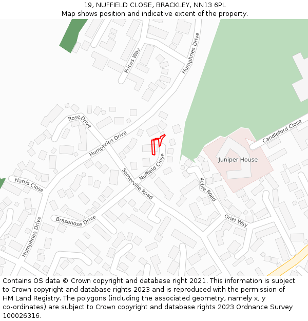 19, NUFFIELD CLOSE, BRACKLEY, NN13 6PL: Location map and indicative extent of plot