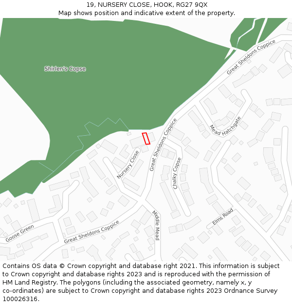 19, NURSERY CLOSE, HOOK, RG27 9QX: Location map and indicative extent of plot
