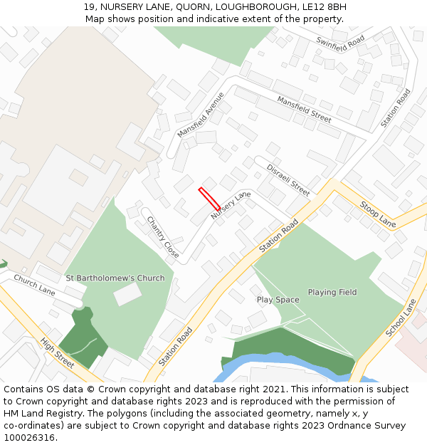 19, NURSERY LANE, QUORN, LOUGHBOROUGH, LE12 8BH: Location map and indicative extent of plot