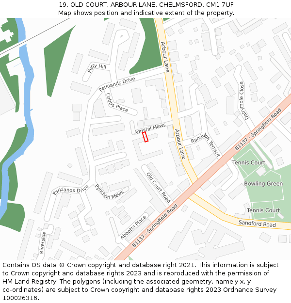 19, OLD COURT, ARBOUR LANE, CHELMSFORD, CM1 7UF: Location map and indicative extent of plot