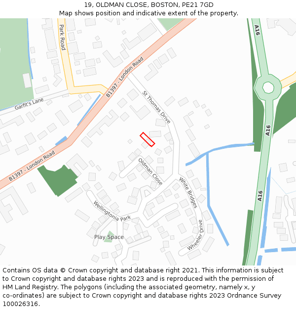 19, OLDMAN CLOSE, BOSTON, PE21 7GD: Location map and indicative extent of plot