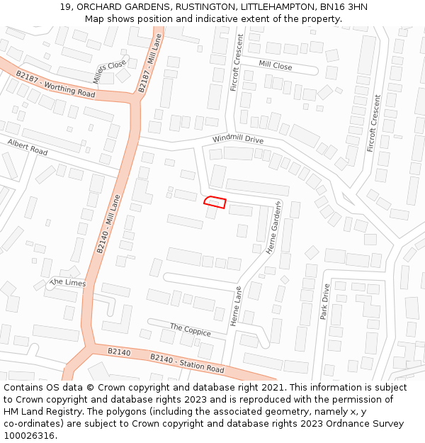 19, ORCHARD GARDENS, RUSTINGTON, LITTLEHAMPTON, BN16 3HN: Location map and indicative extent of plot