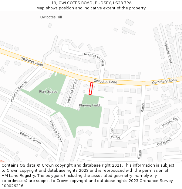 19, OWLCOTES ROAD, PUDSEY, LS28 7PA: Location map and indicative extent of plot