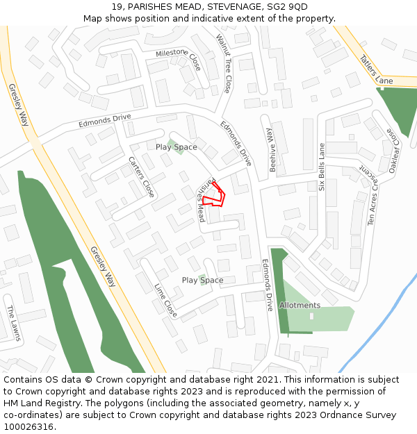 19, PARISHES MEAD, STEVENAGE, SG2 9QD: Location map and indicative extent of plot