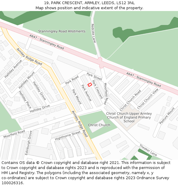 19, PARK CRESCENT, ARMLEY, LEEDS, LS12 3NL: Location map and indicative extent of plot