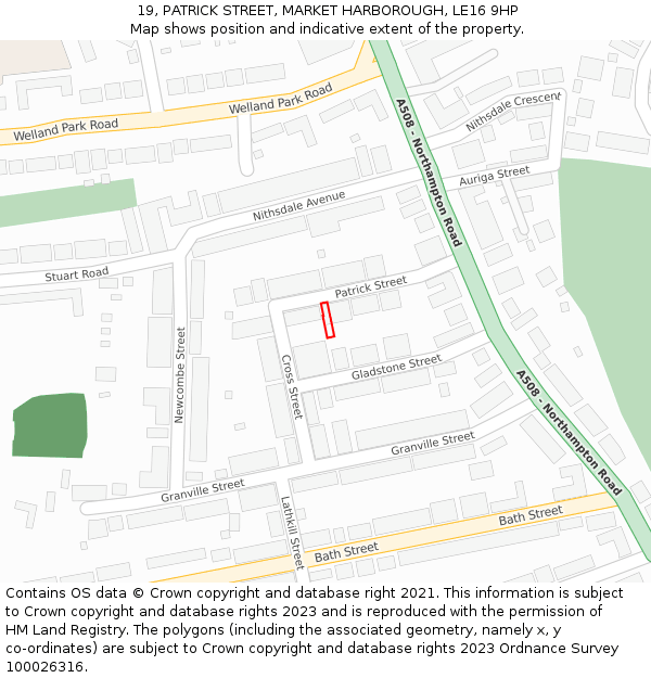 19, PATRICK STREET, MARKET HARBOROUGH, LE16 9HP: Location map and indicative extent of plot