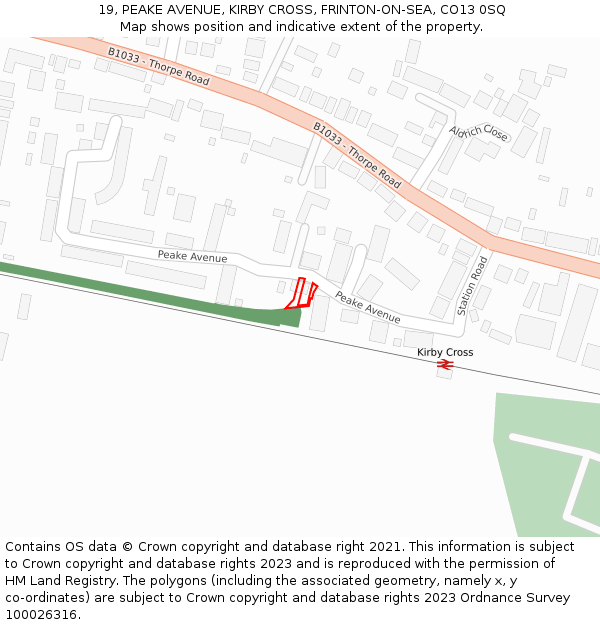 19, PEAKE AVENUE, KIRBY CROSS, FRINTON-ON-SEA, CO13 0SQ: Location map and indicative extent of plot