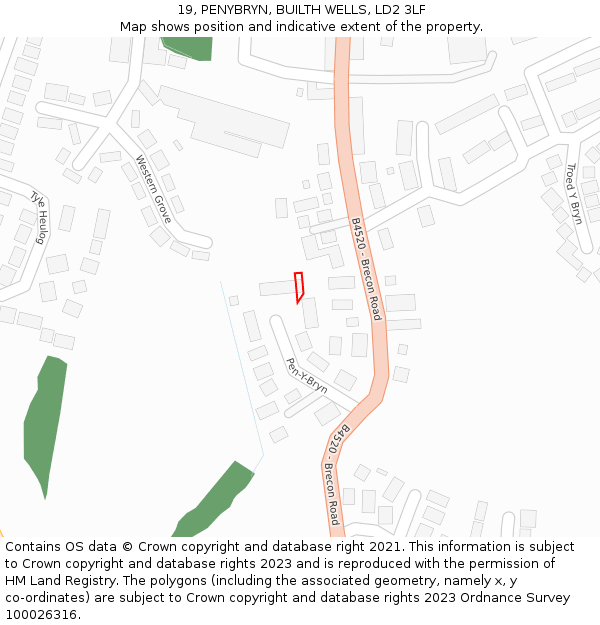 19, PENYBRYN, BUILTH WELLS, LD2 3LF: Location map and indicative extent of plot