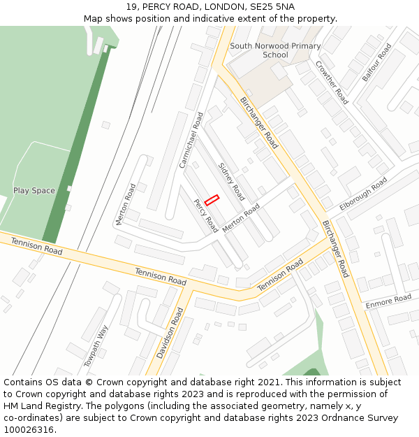 19, PERCY ROAD, LONDON, SE25 5NA: Location map and indicative extent of plot