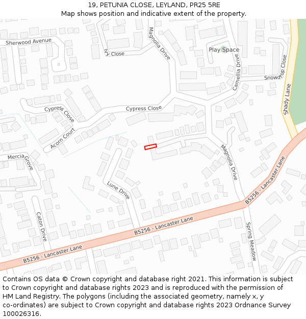 19, PETUNIA CLOSE, LEYLAND, PR25 5RE: Location map and indicative extent of plot