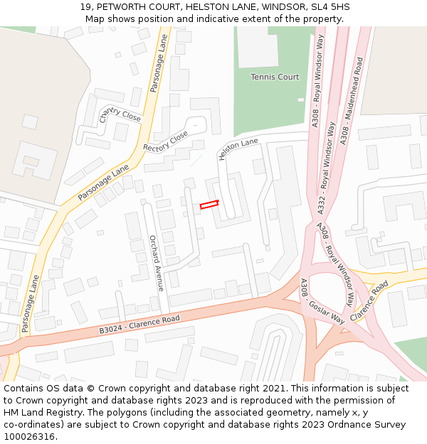 19, PETWORTH COURT, HELSTON LANE, WINDSOR, SL4 5HS: Location map and indicative extent of plot