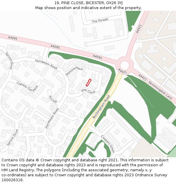 19, PINE CLOSE, BICESTER, OX26 3YJ: Location map and indicative extent of plot