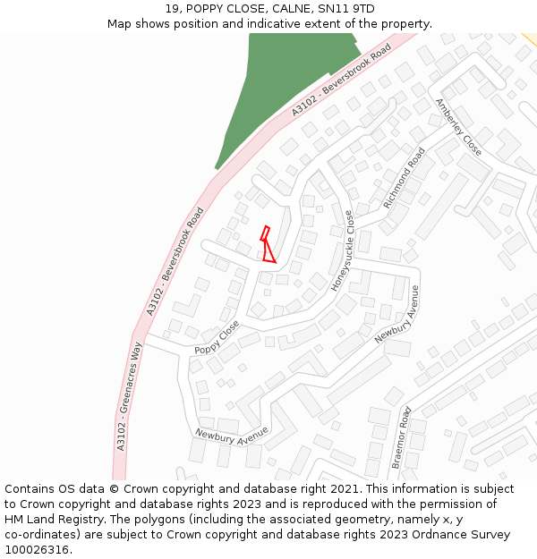 19, POPPY CLOSE, CALNE, SN11 9TD: Location map and indicative extent of plot