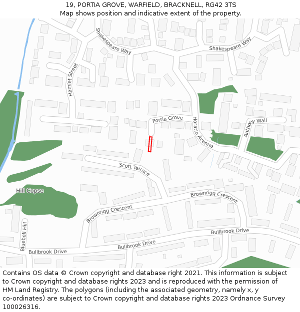 19, PORTIA GROVE, WARFIELD, BRACKNELL, RG42 3TS: Location map and indicative extent of plot